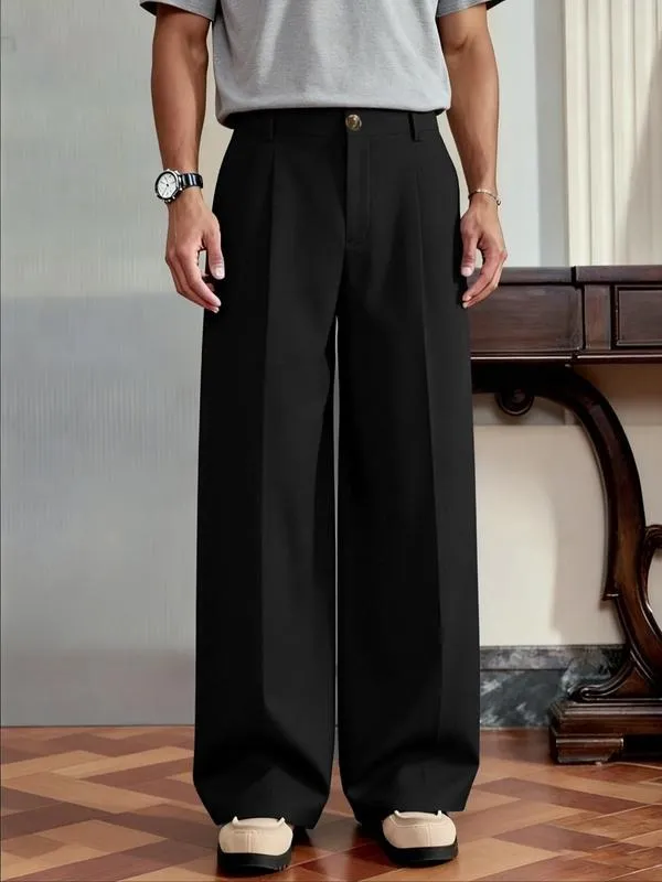 Men's Casual Versatile Solid Color Wide Leg Pants, Unique Button Design, Fitted Style