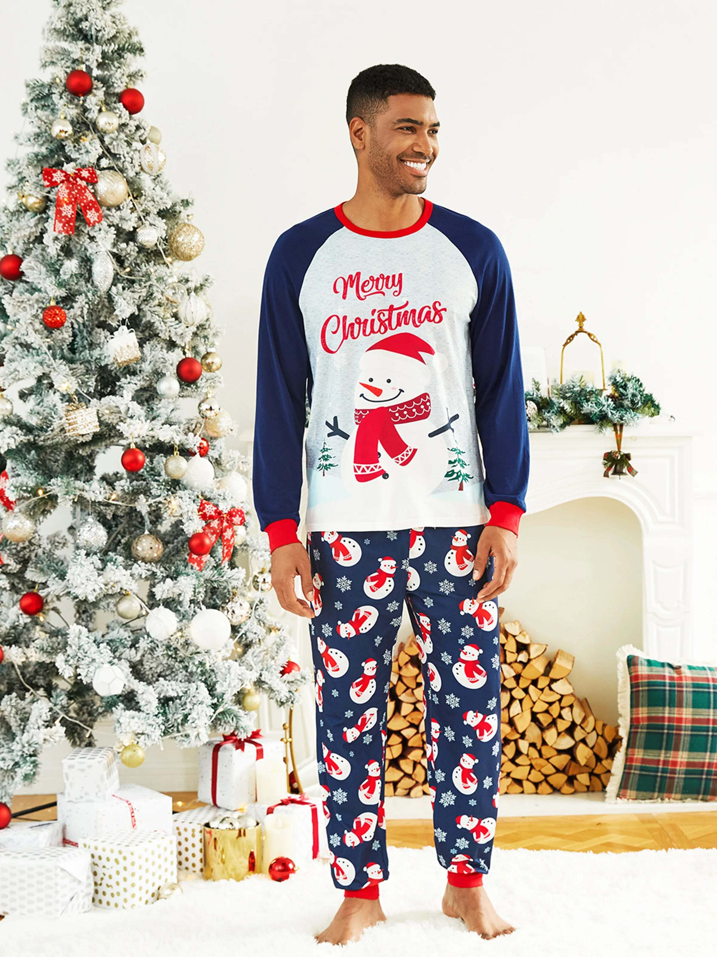 Christmas Snowman & Letter Print Family Matching Raglan-sleeve Pajamas Sets with Christmas Socks ColorBlock