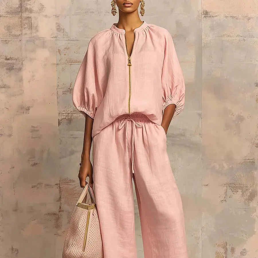 Women's Matching Lounge Set Quarter Zip Pullover Top Loose Wide Leg Pants 2 Piece Sweatsuit Casual Outfit