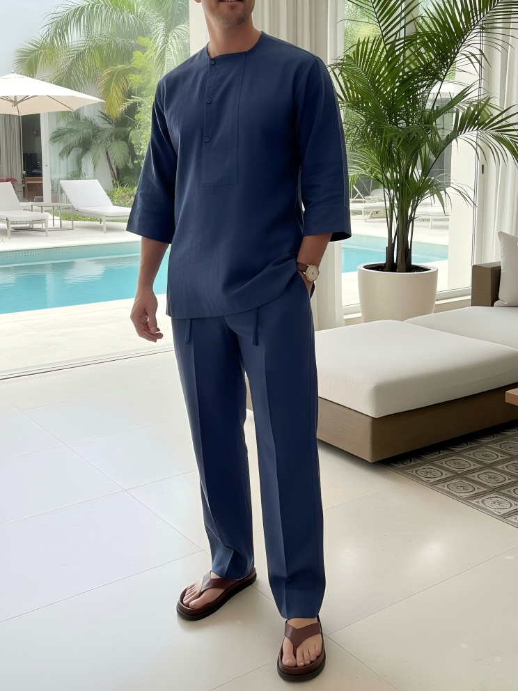 Men's Exclusive Design Side Button Cotton and Linen T-shirt