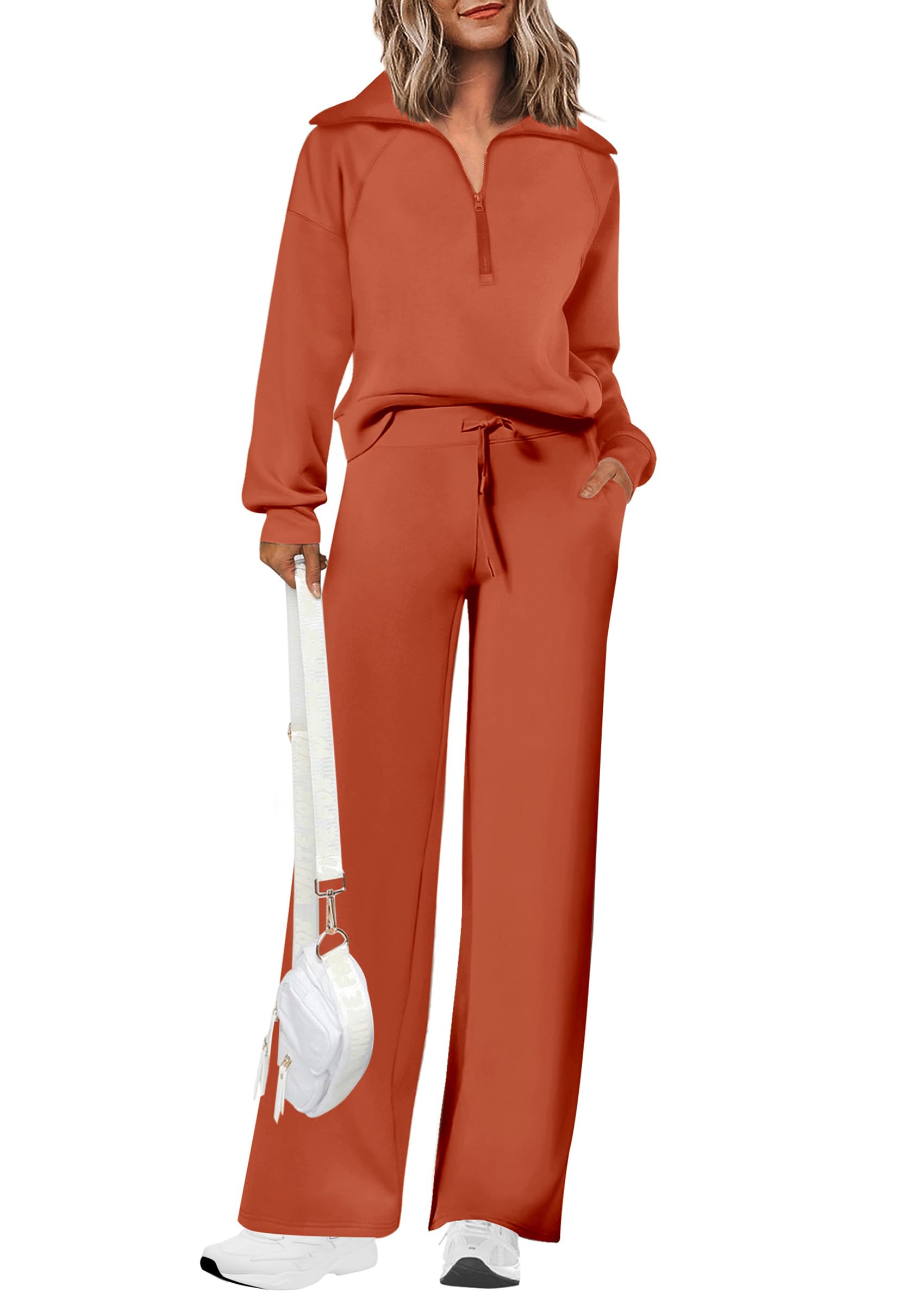 Women's Cotton Two-Piece Outfits Lapel Half-Zip Sweatshirt Wide Leg Sweatpants Casual Suit