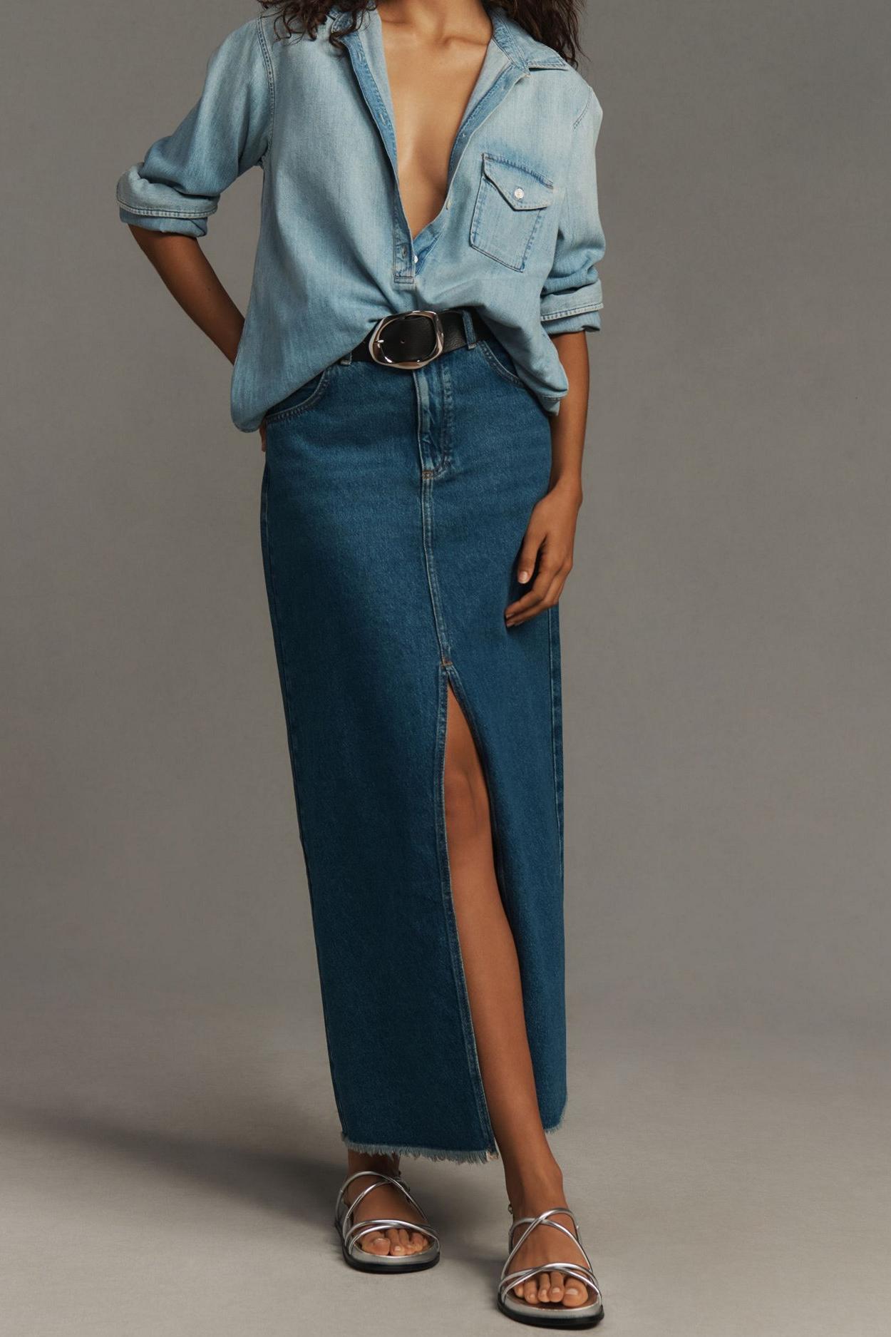 Denim Front-Slit Maxi Skirt