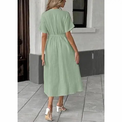 Women's Cotton V-Neck Bohemian Dress – Loose Fit Beach Dress with Pockets