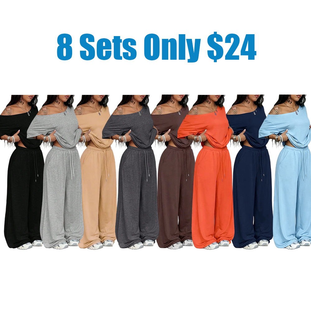 Women's Minimalist Basic Daily Wear Casual Going Out Sport Comfortable Off Shoulder T-Shirt And Wide Leg Pants Two Pieces Outfits
