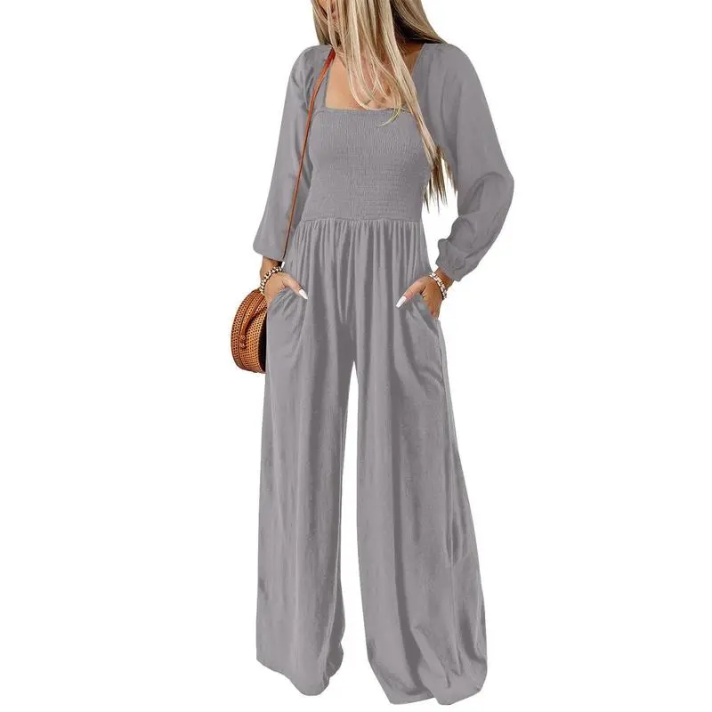 Women's Casual Loose Overalls Jumpsuits One Piece Long Sleeve Wide Leg Long Pant Rompers With Pockets