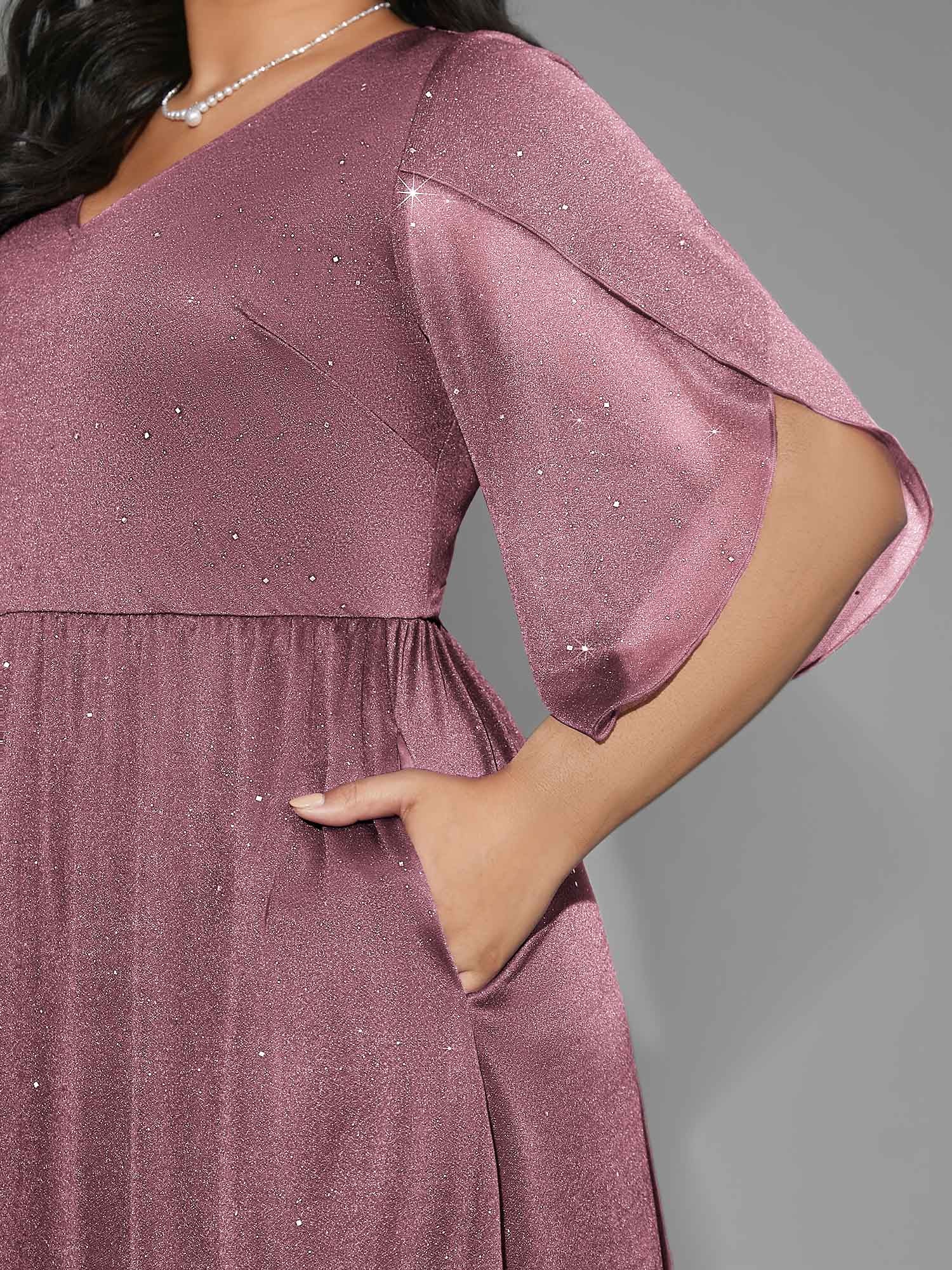 Glitter Mesh Petal Sleeve Midi Dress