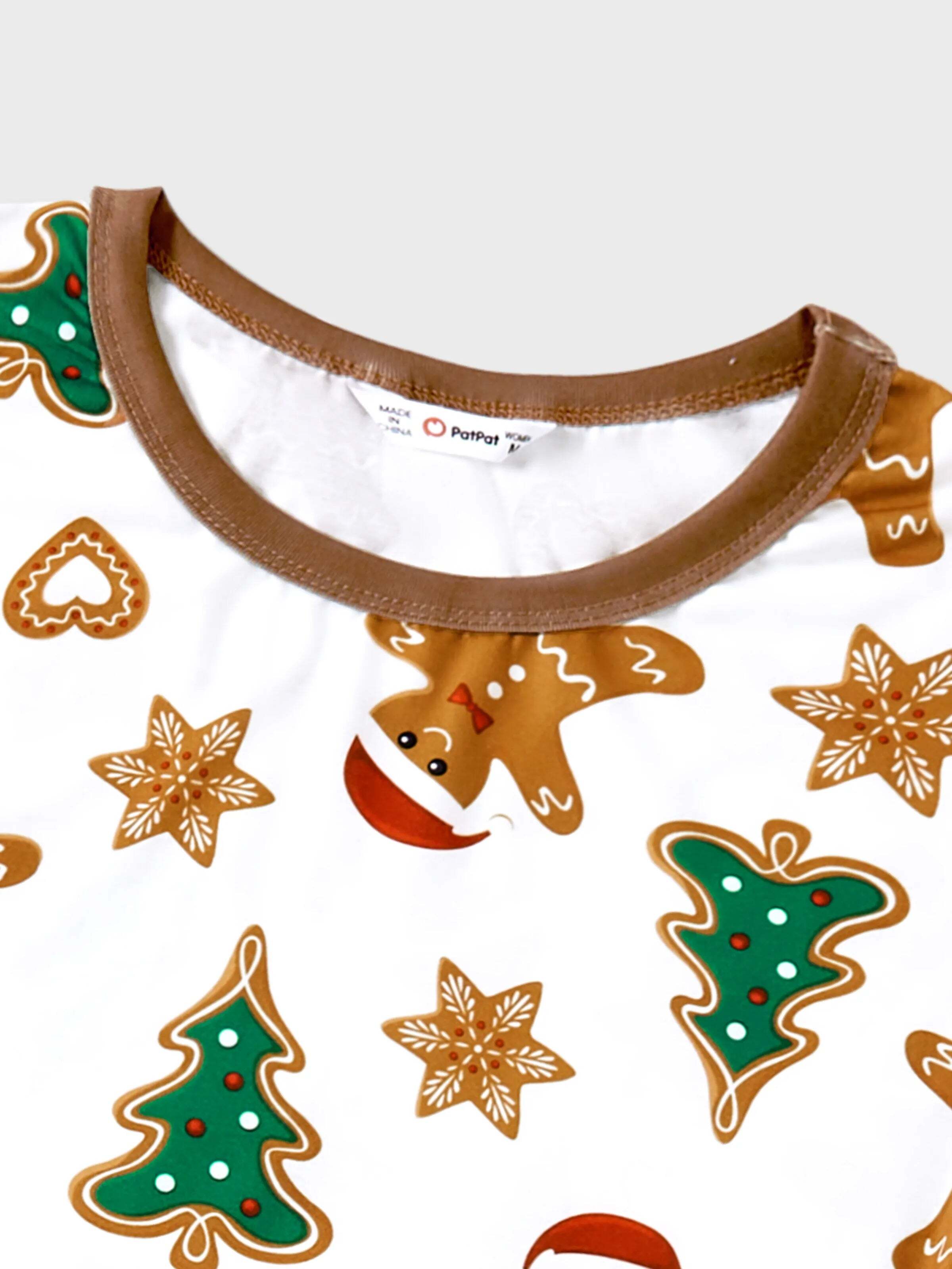 Christmas Family Matching Cartoon Gingerbread Man and Tree All-over Print Long-sleeve Pajamas Sets with Christmas Socks Coffee