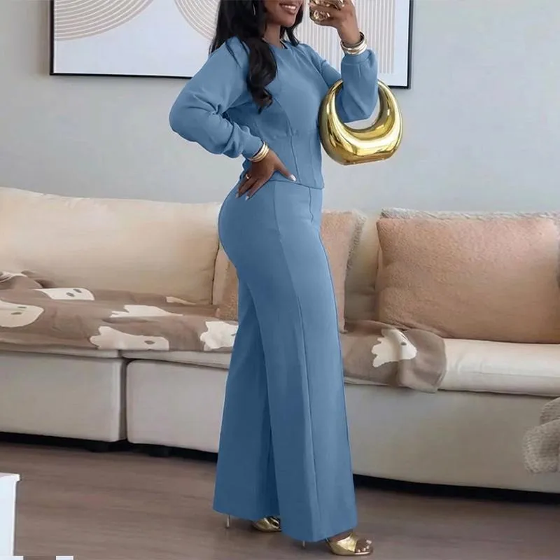 Women's 2 Pieces Outfit O-neck Long Sleeve Cinched Waist Sweatshirt and Elastic Waist Wide Leg Pants Set