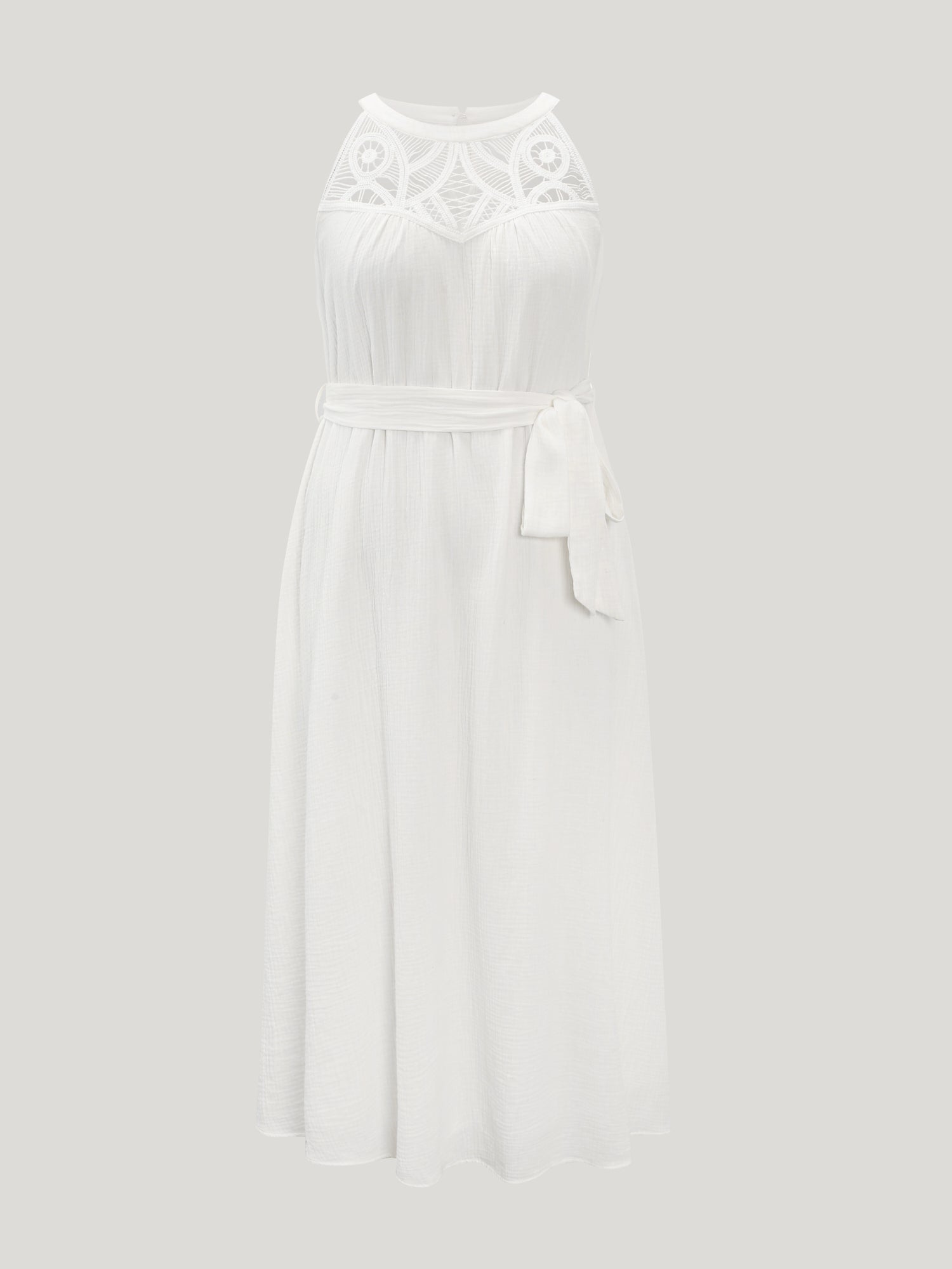 Cotton Sheer Lace Neckline Waist-Tie Maxi Dress