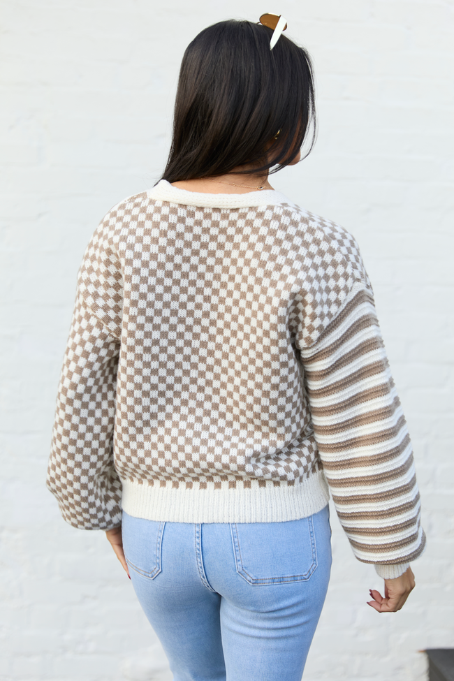 Samara Checkered And Stripes Brown And Cream Cardigan