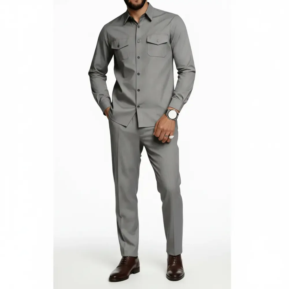 A minimalist men's business suit includes a long-sleeved shirt and straight-leg trousers.