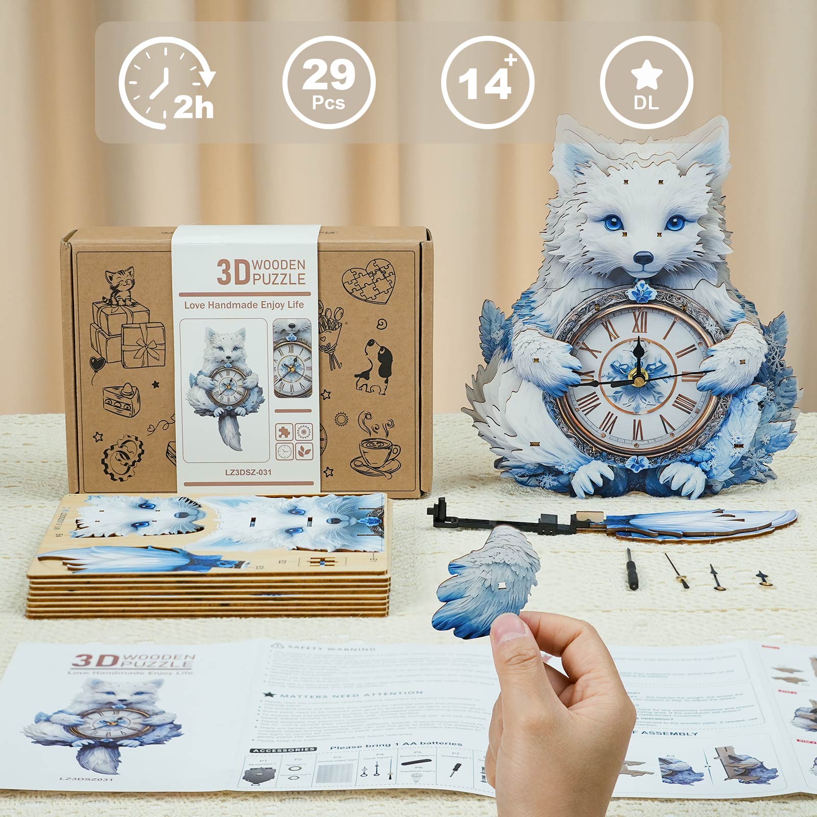 Arctic Fox– DIY Wooden Clock, 3D Puzzle Craft Kit