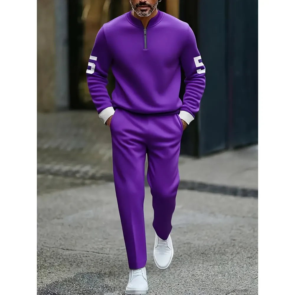 Fashion Stand up Collar Half Zipper Geometric Casual Simple Men's Set