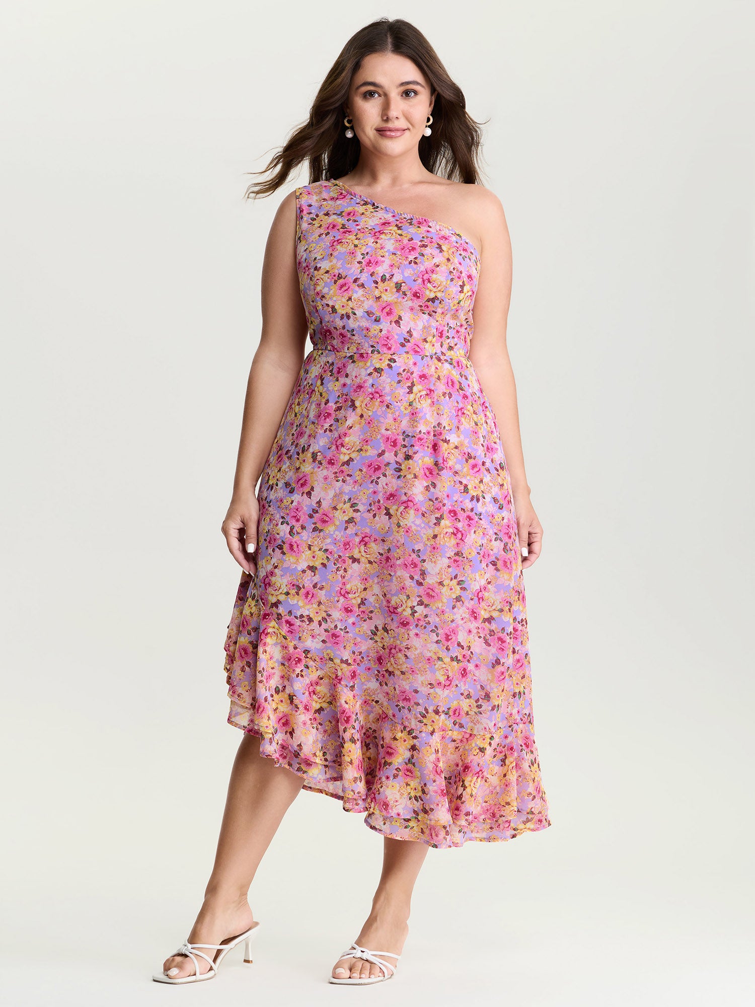 Floral Ease Ruffled Hem One-Shoulder Midi Dress