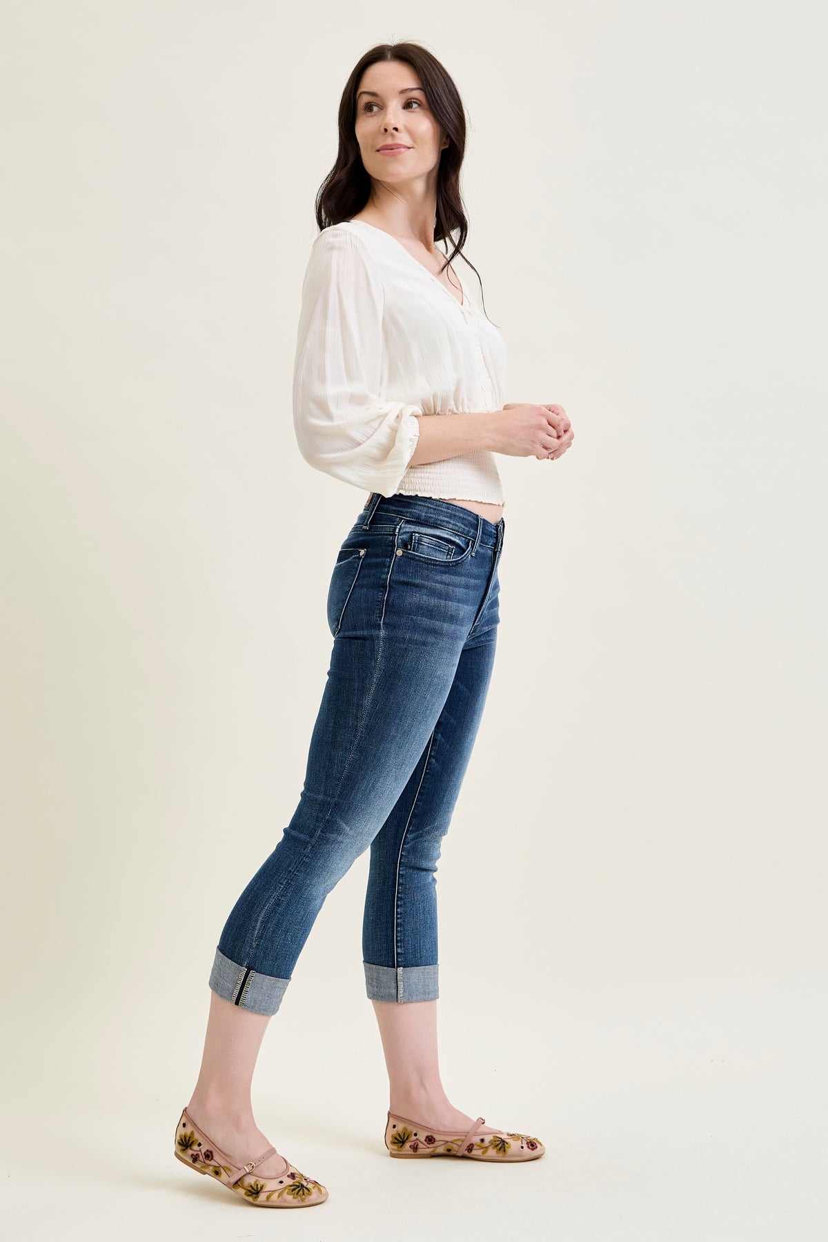 Maddy Mid Rise Dark Wash Cuffed Capri Jeans