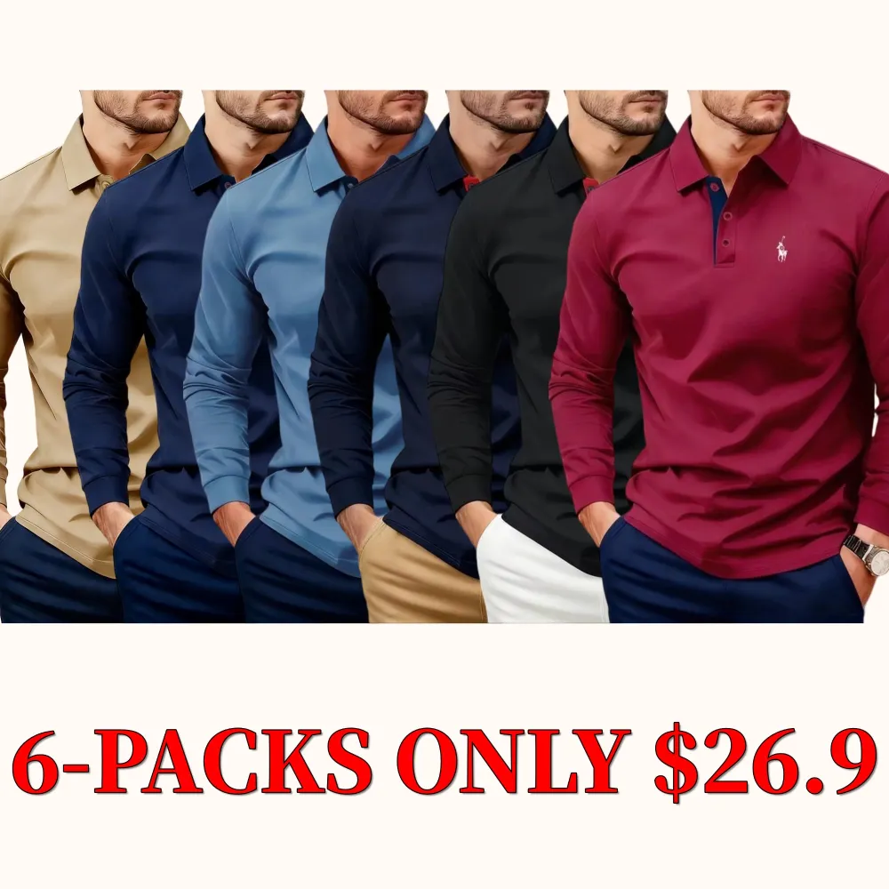 Men's solid-color long-sleeved polo shirt