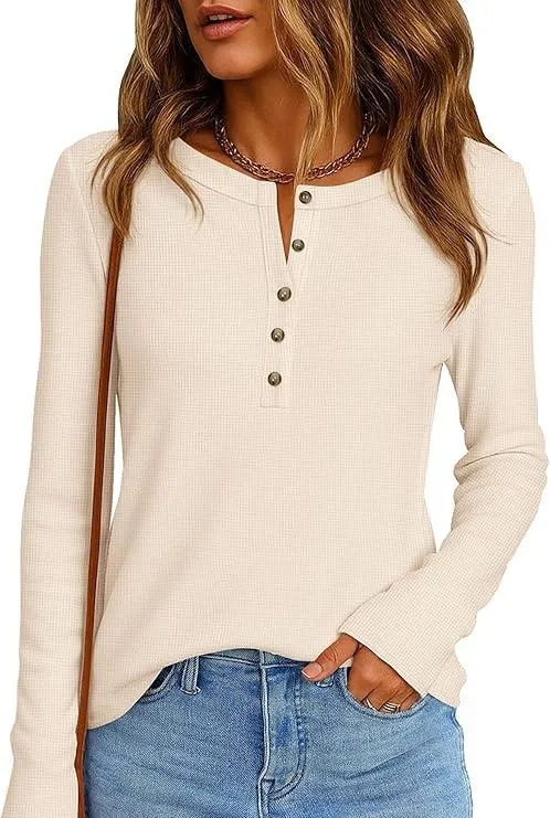 Women's Button Up Waffle Top Long Sleeve Knit Shirts Fall Casual Henley V Neck Tunic Tops