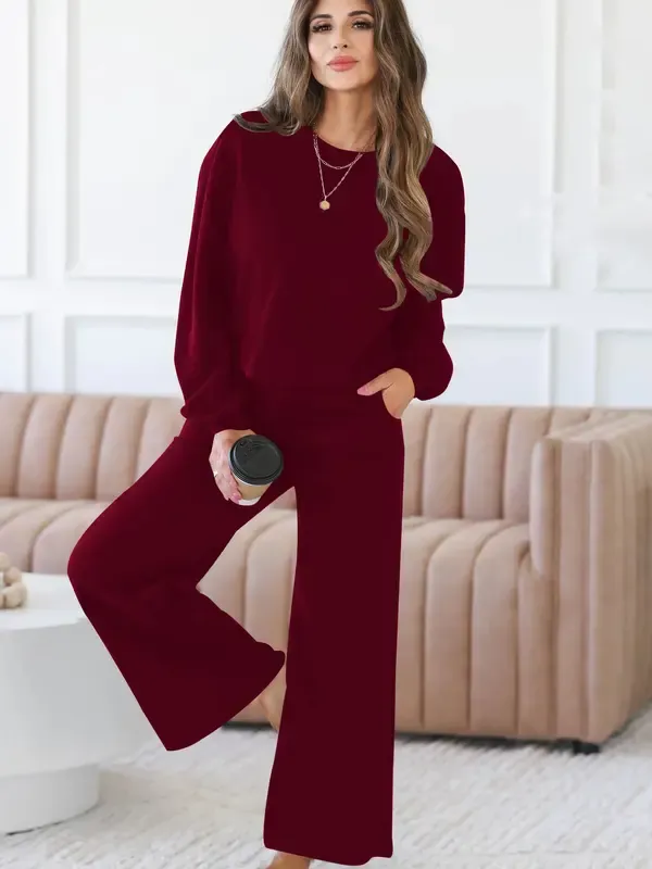 Women's Spring Fall Relaxed Fit 2-Piece Lounge Set | Long Sleeve Top & Wide Leg Pants