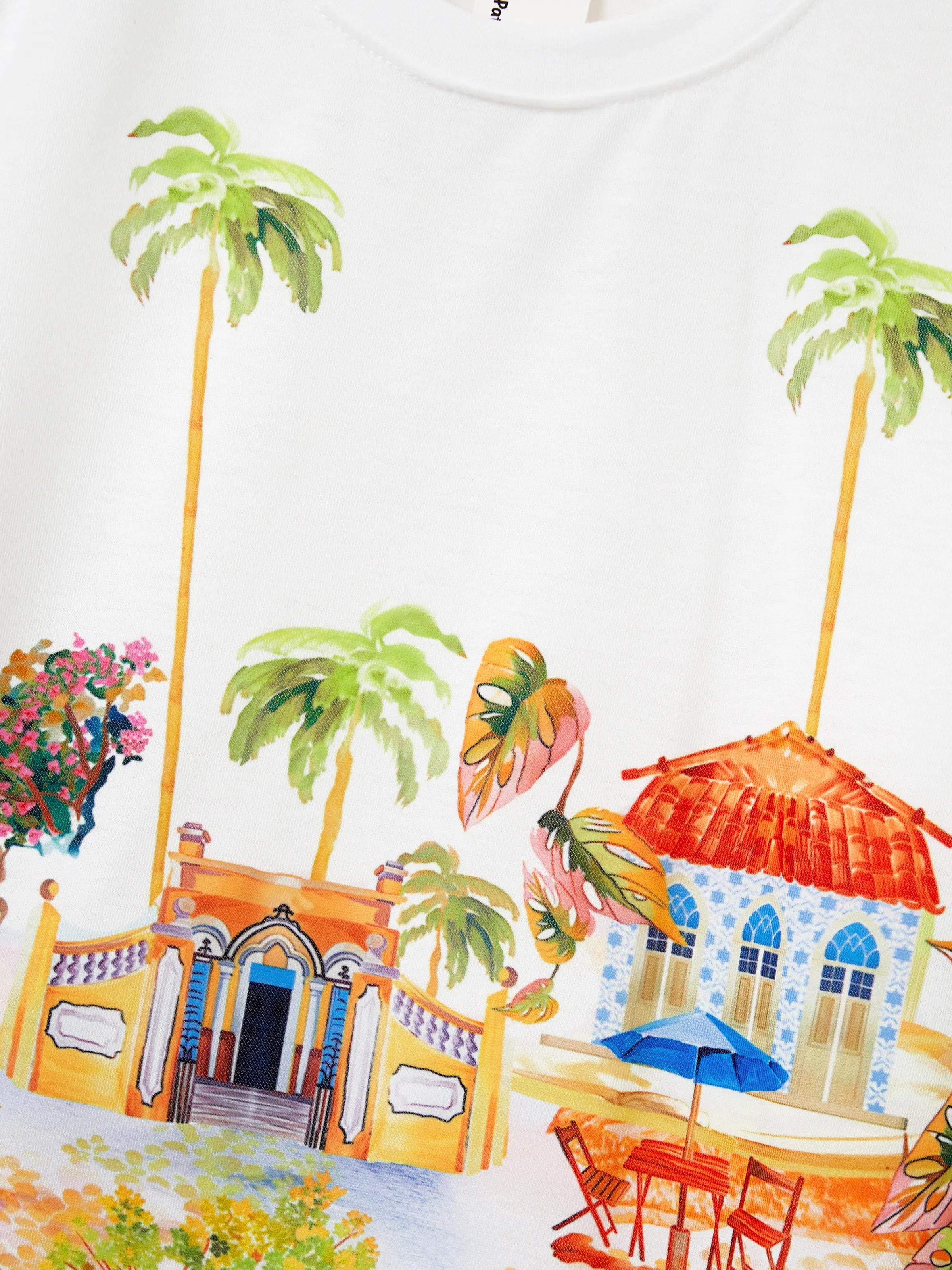 Family Matching Vacation Set Tropical Pineapple Coconut Tree Print Short-sleeve T-shirt or Hollow out Strap Dress for Summer Vacation  White