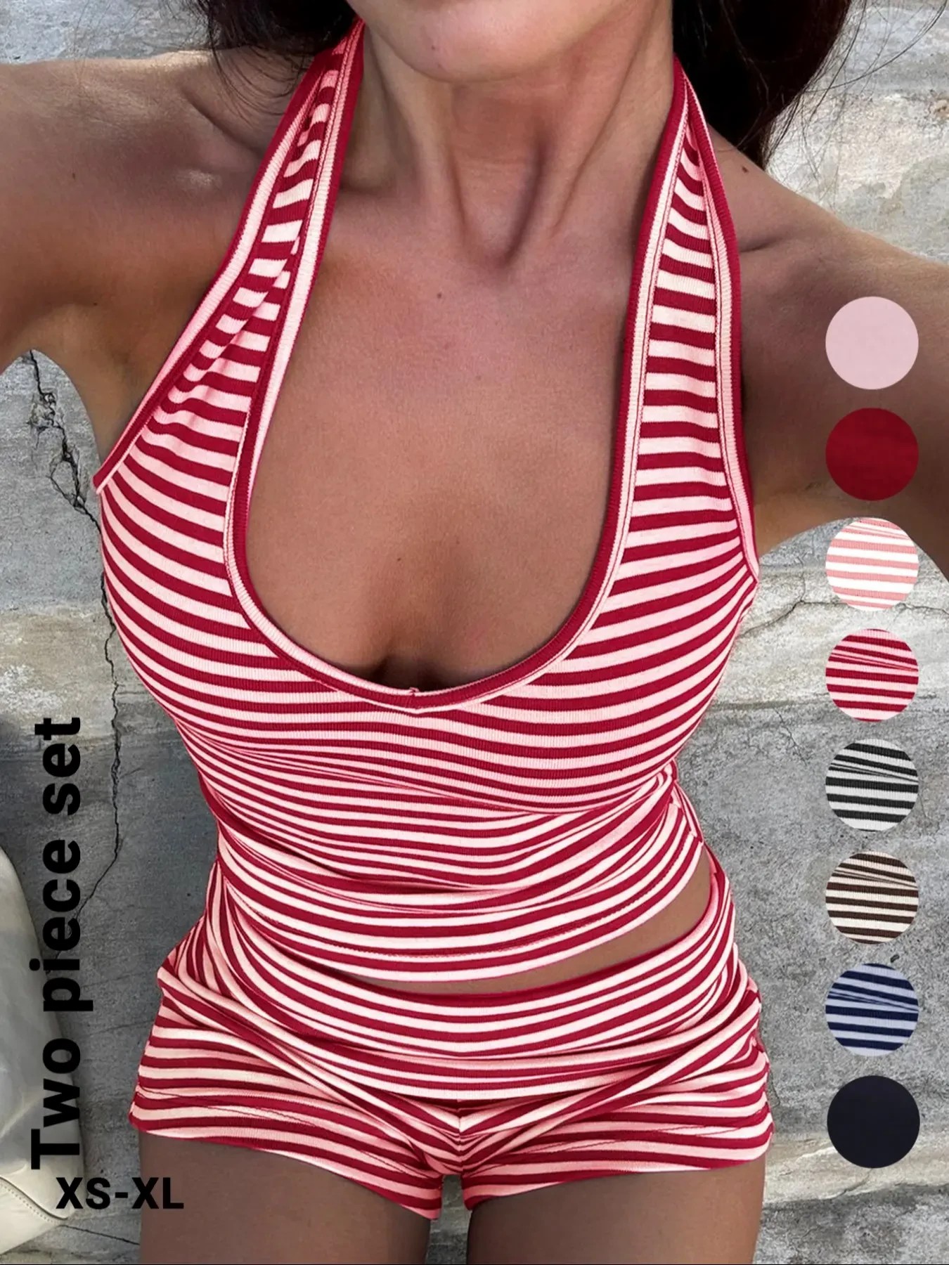 Women's Casual Striped Halter Neck Crop Top & Shorts Set, Summer Fitted Two-Piece, Regular Length, Moderate Fabric Thickness, Womenswear