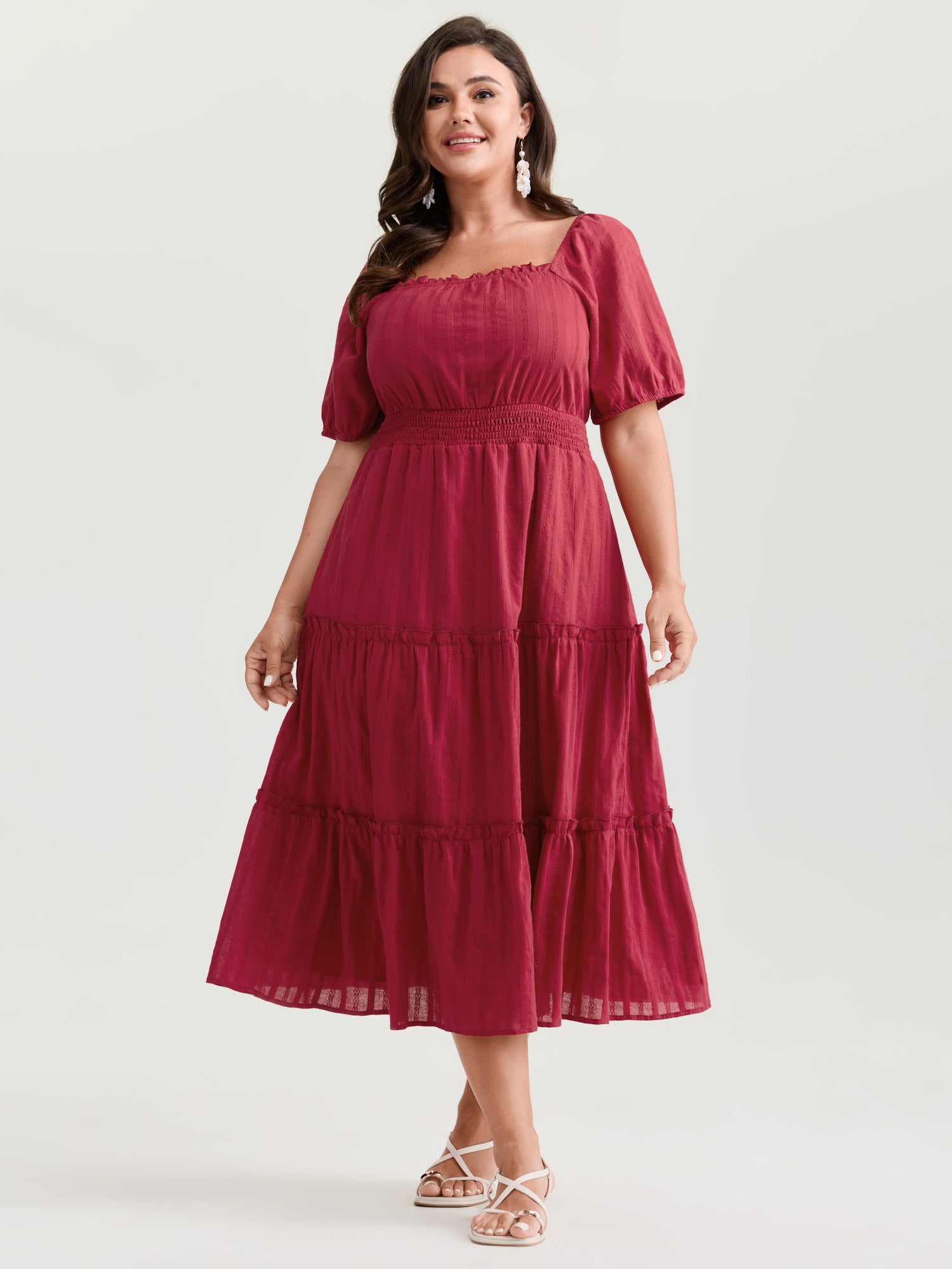 Cotton Textured Cinched-Waist Tiered Midi Dress