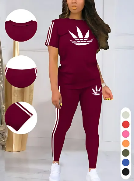 Women's Printed Casual Sporty Round Neck Drawstring Short Sleeve and Long Pants Two-Piece Set