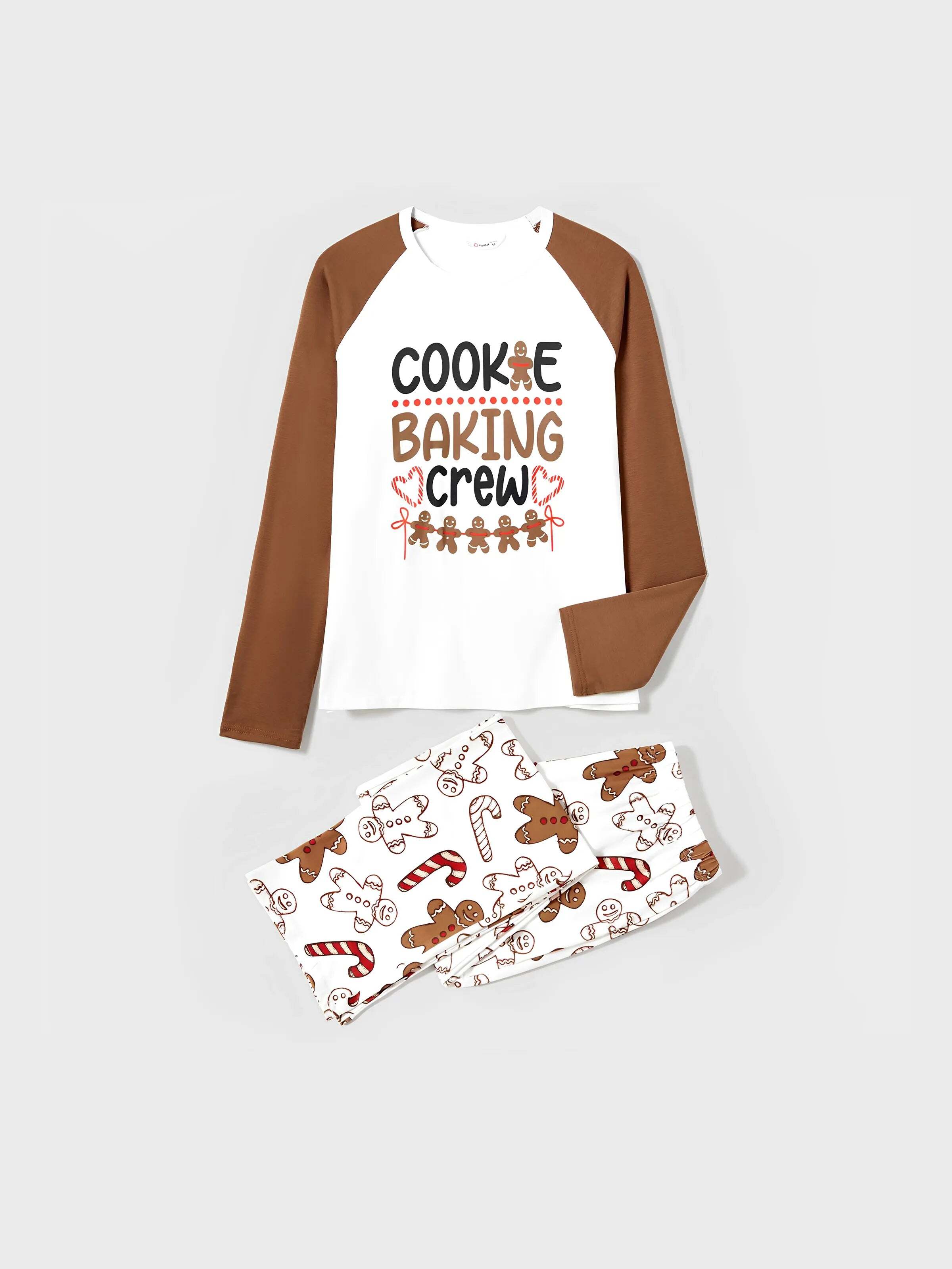 Christmas Family Matching Letter and Gingerbread Man Print Long-sleeve Pajamas Sets with Christmas Socks Khaki