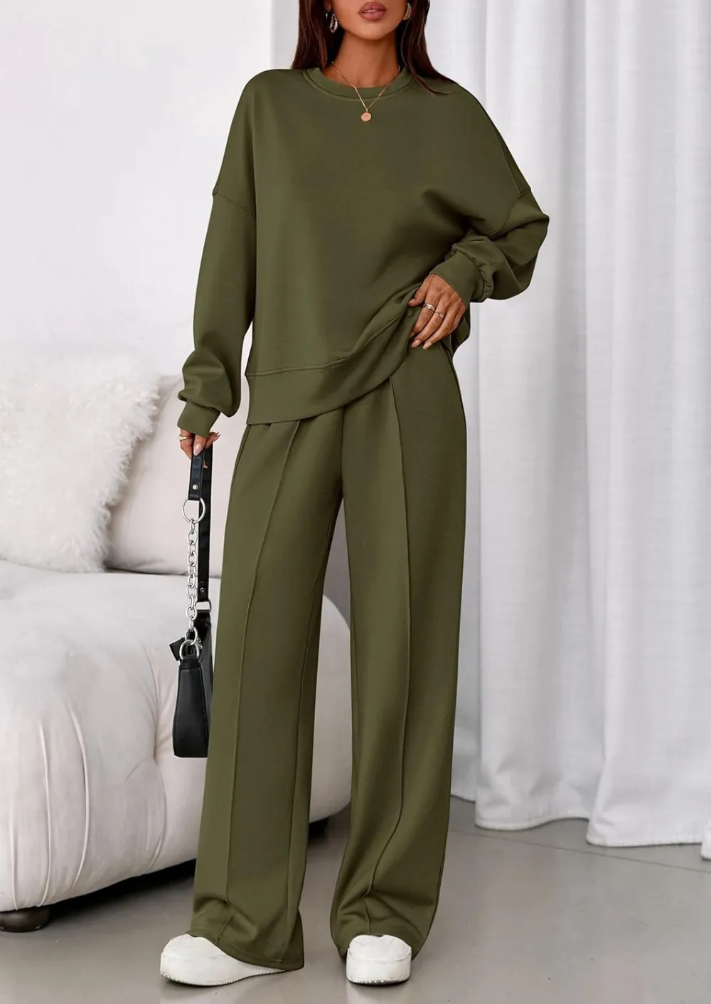 2 Piece Sets For Women Fall Trendy Long Sleeve Sweatshirt Wide Leg Pants Loungewear Set