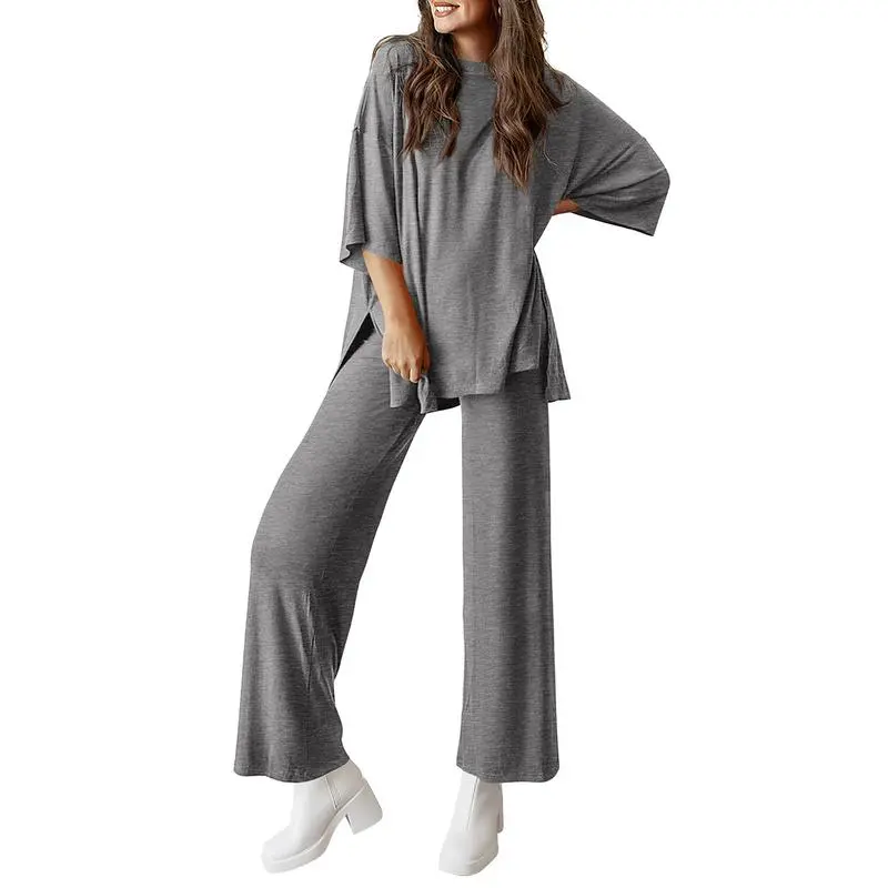 Women's 2-Piece Outfits Short Sleeve Pullover Tops Split Hem Wide Leg Pants Lounge Sets