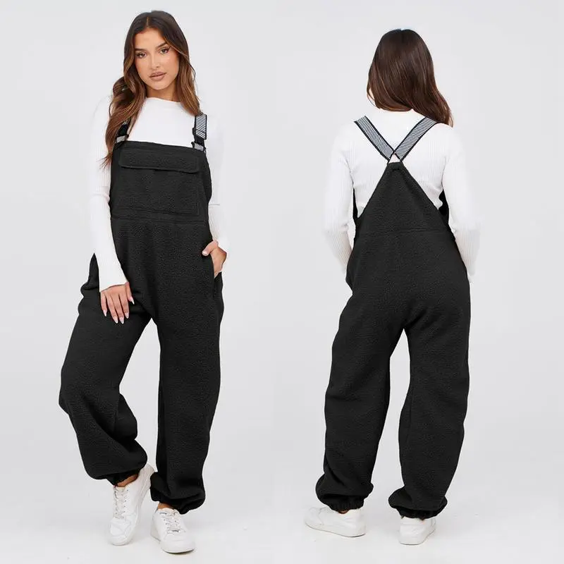 Women Fleece Overalls One-piece Bibs Jumpsuits
