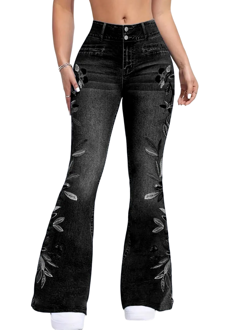 Women's denim printed flared pants