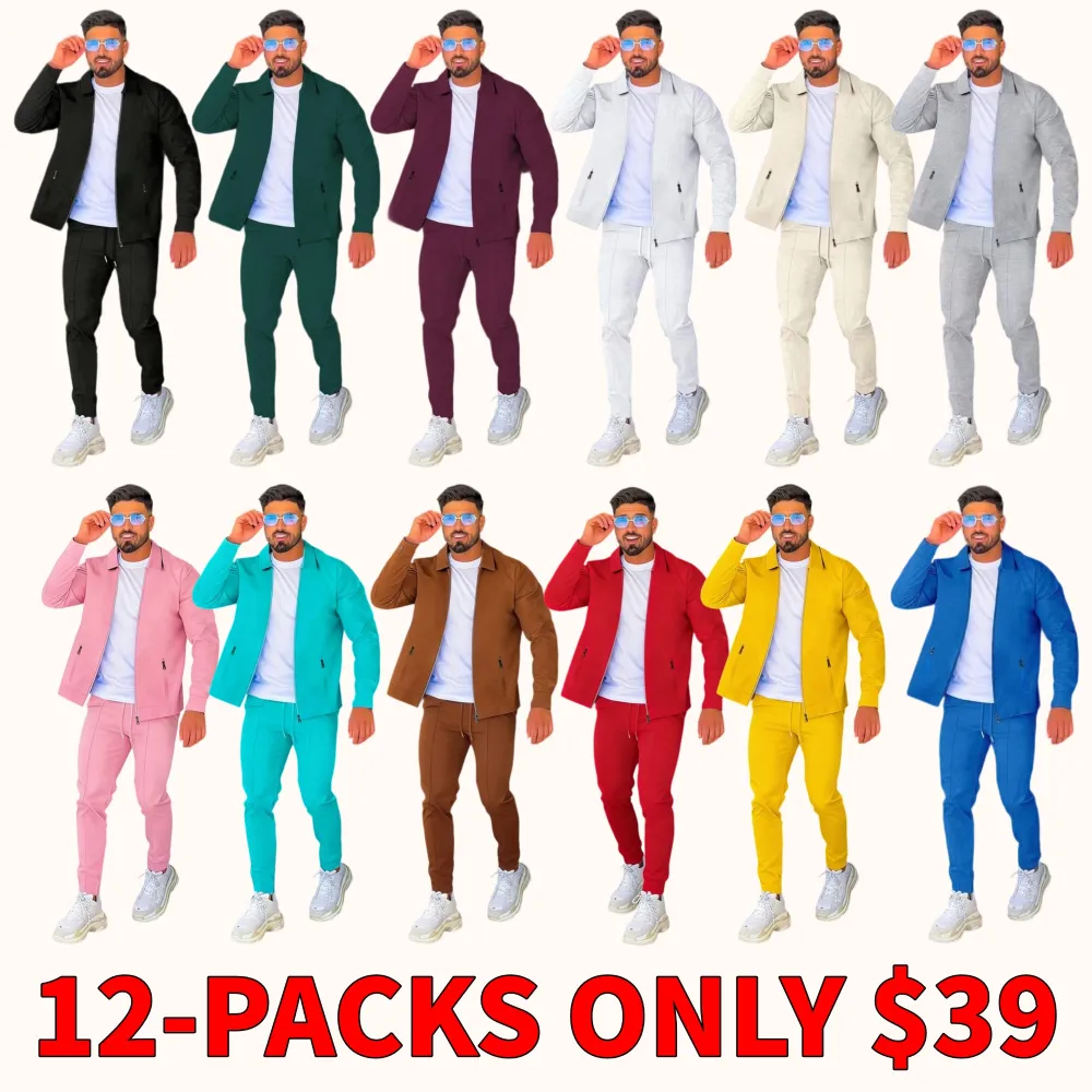 Men's solid-color jacket and drawstring waist casual pants two-piece set