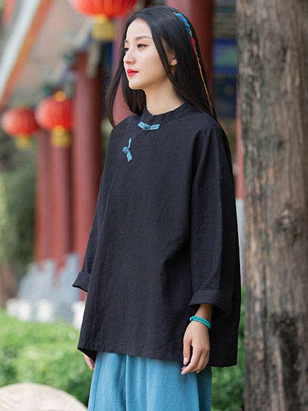 Vintage Linen Frog Loose Long Sleeve Shirt Tops
