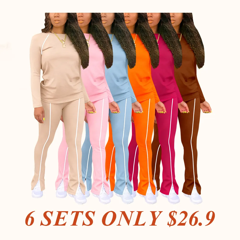 Women's Fashion New Round Neck Solid Color Patch Long Sleeve Top & Pants Set, Two-Piece for Casual Wear