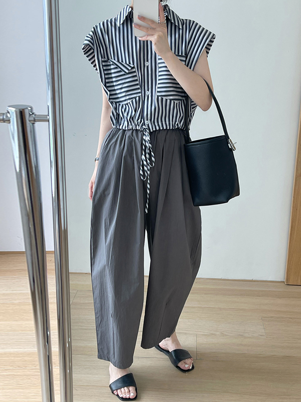 Elasticity Pleated Solid Color Split-Joint High Waisted Loose Trousers Pants