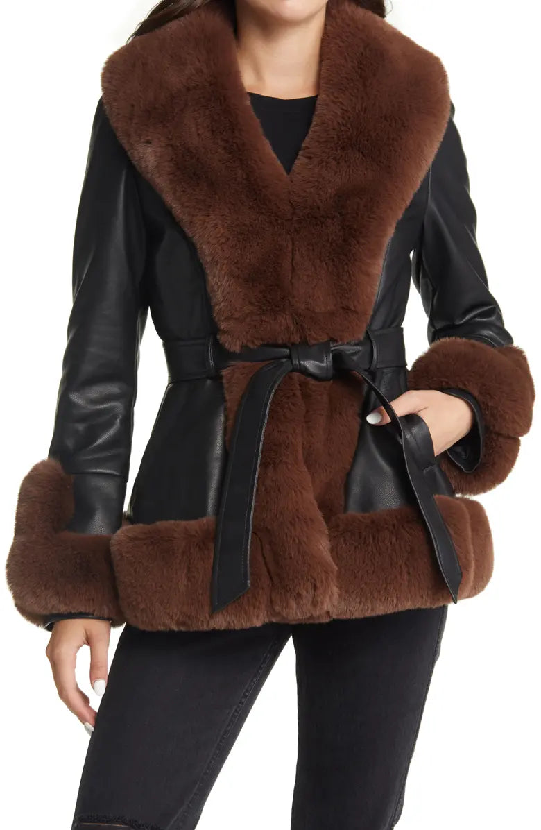 Clearance Sale*KENZY FUR TRIM PEPLUM MOTO IN BLACK BROWN