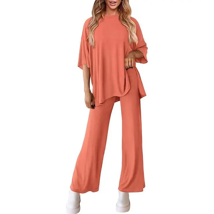 Women's 2-Piece Outfits Short Sleeve Pullover Tops Split Hem Wide Leg Pants Lounge Sets
