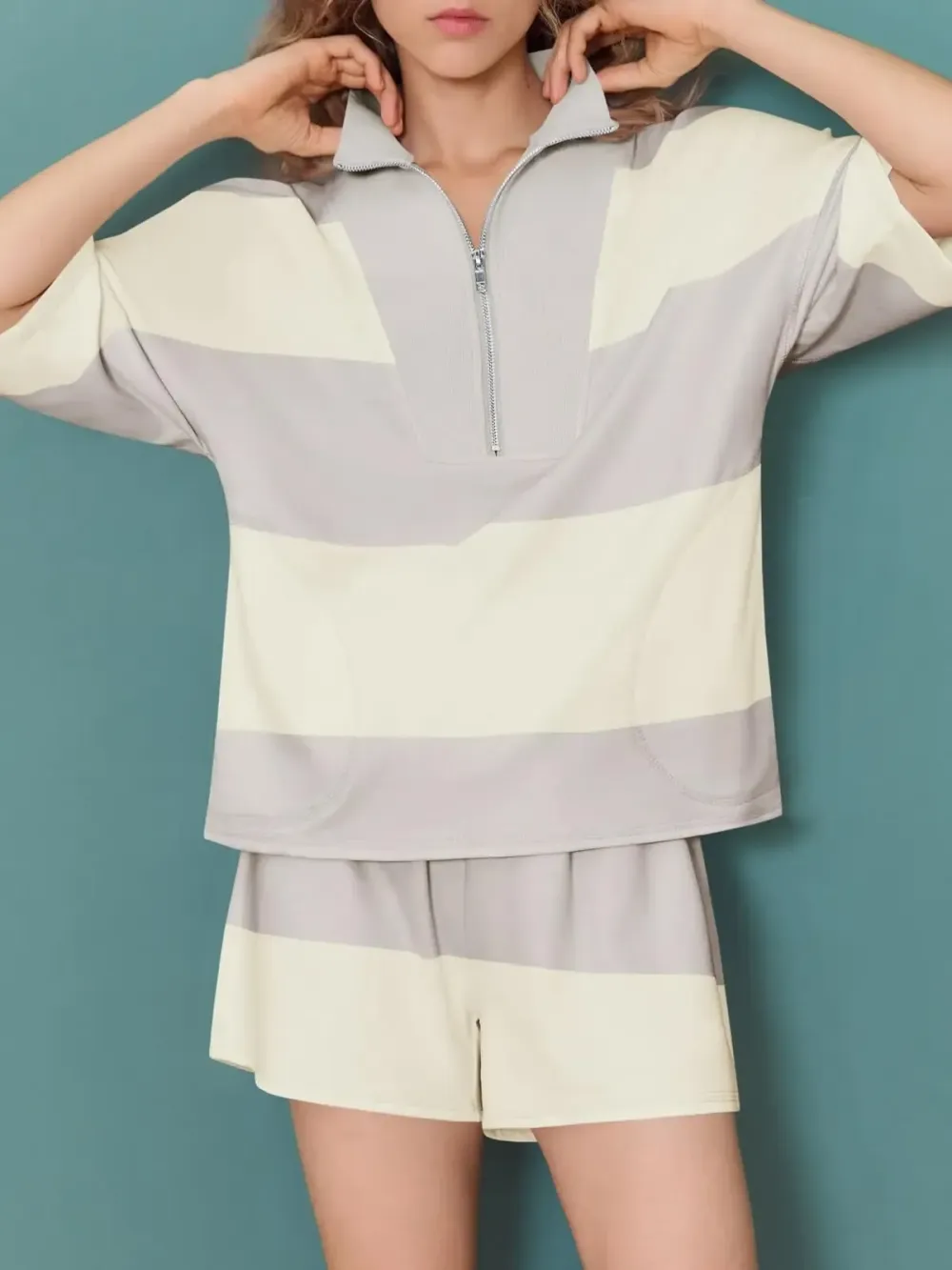 Womens 2 Piece Outfits Summer Striped Sweatshirt Workout Shorts Sets Matching Lounge Set