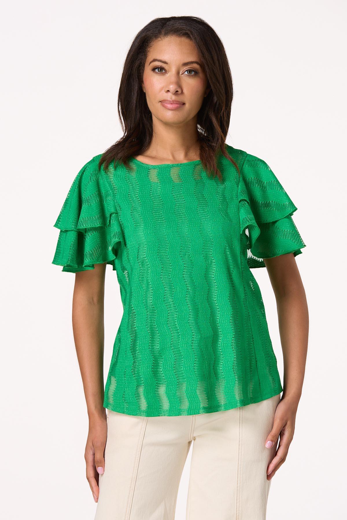 Green Textured Flutter Sleeve Top