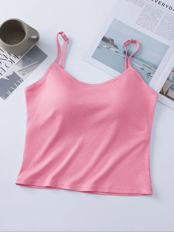 Women's Solid Ribbed Cami Top, Fitted Casual Sleeveless Crop Top for Daily Wear