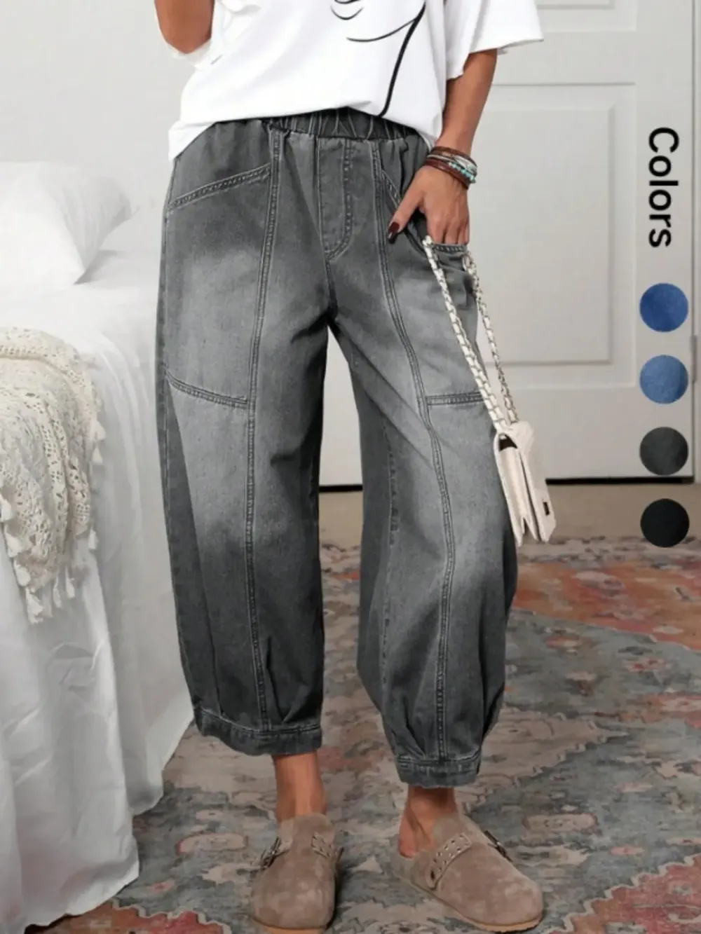 Women's Plaid Loose-Fit Woven Denim Jeans, Casual All-Seasons Comfortable Design