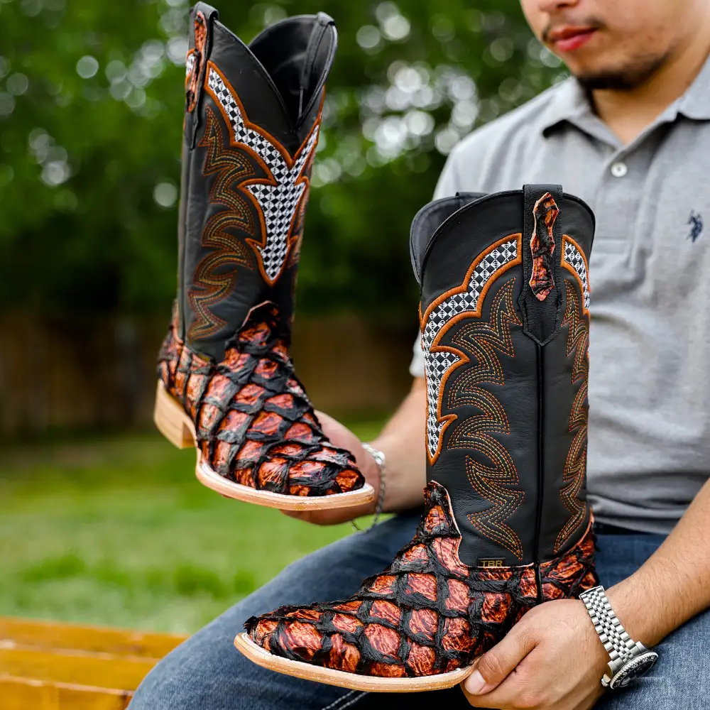 Cognac Jumbo Pirarucu Leather Boots - Square Toe