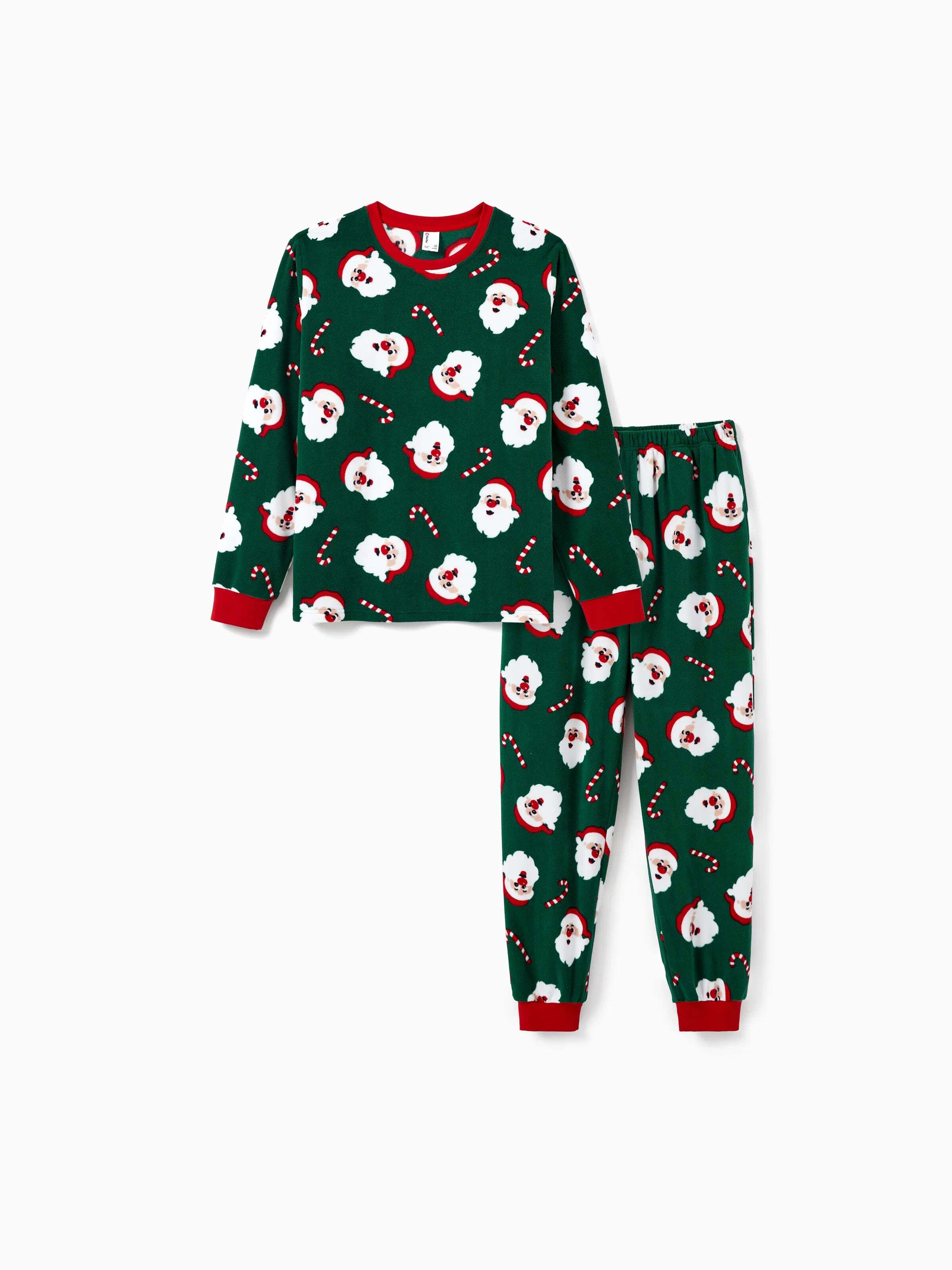 Christmas Matching Family Fleece Pajamas Set Santa Claus and Candy Cane Print PJS with Christmas Socks Dark Green