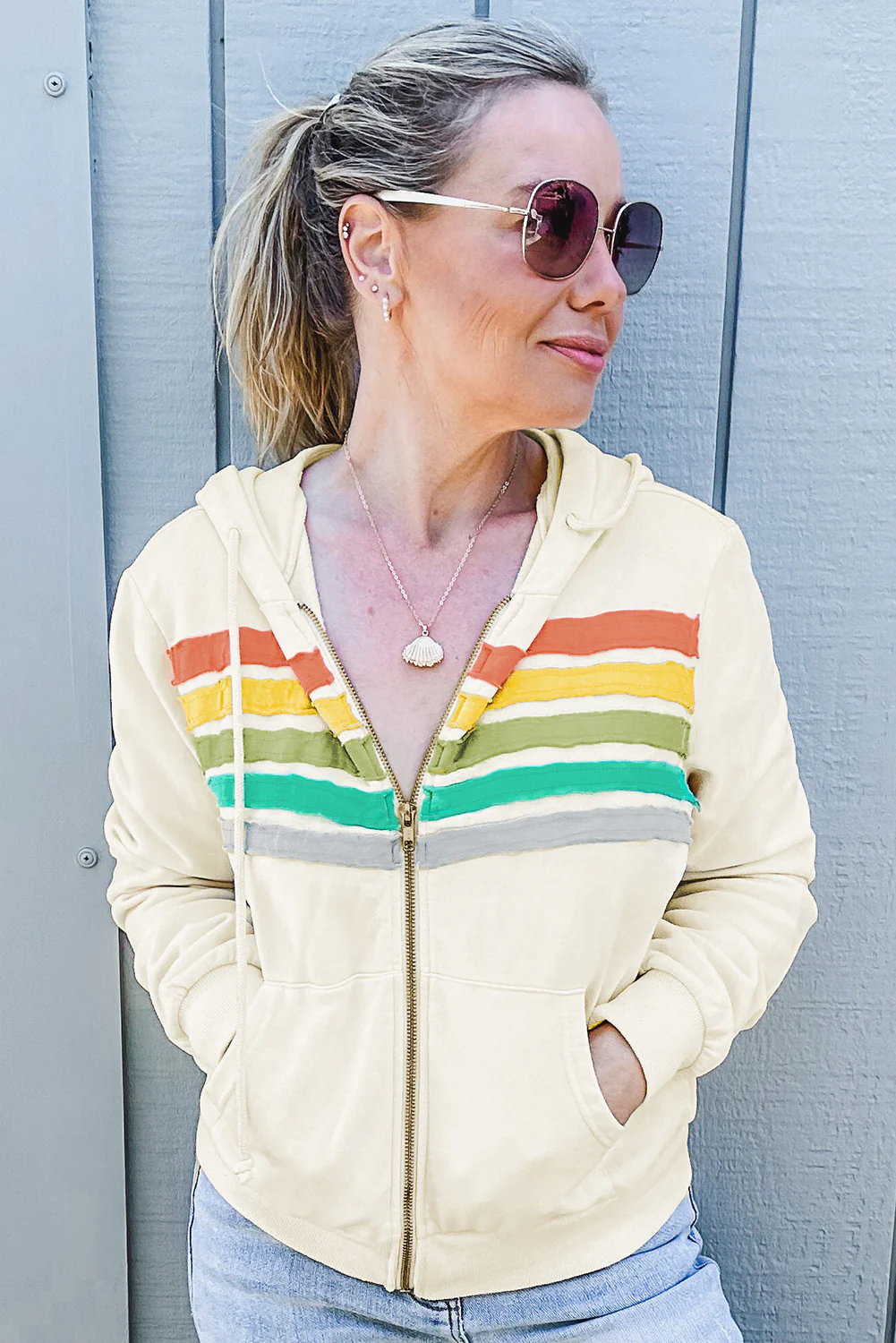 Colorblock Striped Patchwork Side Pockets Zipper Hoodie