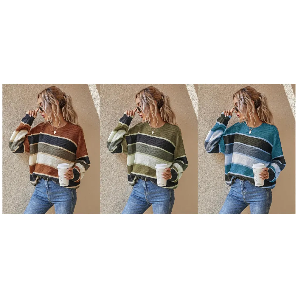 Women's Colorblock Striped Print Drop Shoulder Sweater