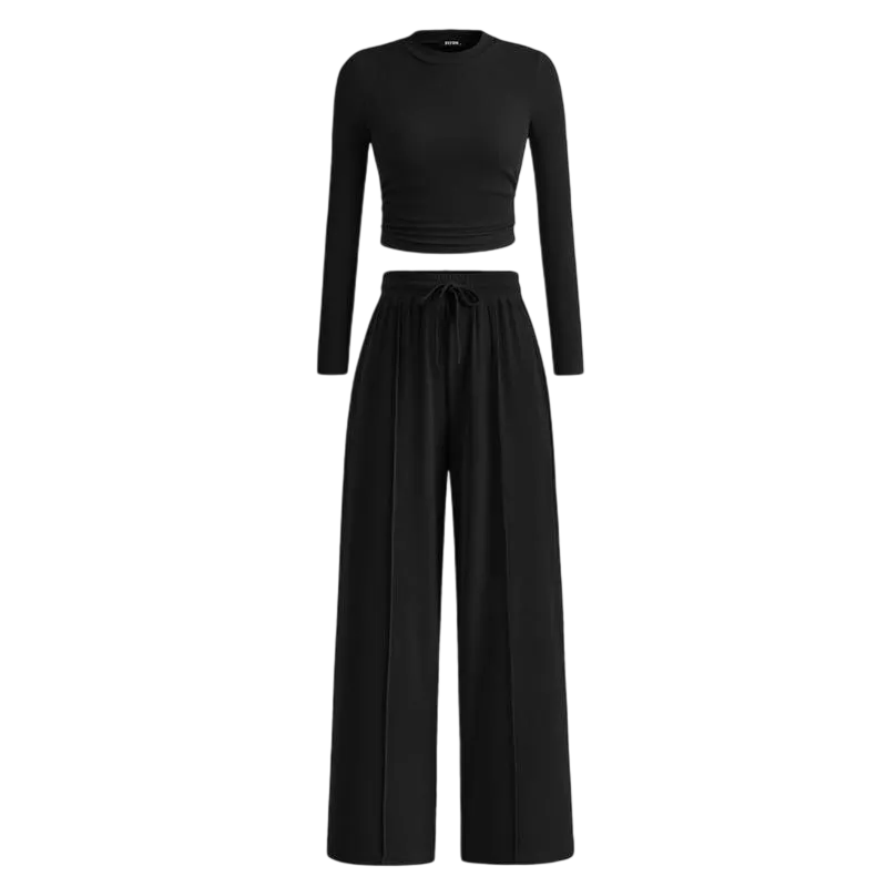 Two-piece ribbed knit long-sleeved cropped top and wide-leg pants