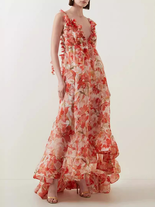 Flower Printed Sleeveless V-Neck Elegant Gauze Maxi Dresses