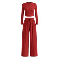 2-Piece Ribbed Knit Long Sleeve Crop Top Wide Leg Pants Matching Lounge Set Loungewear