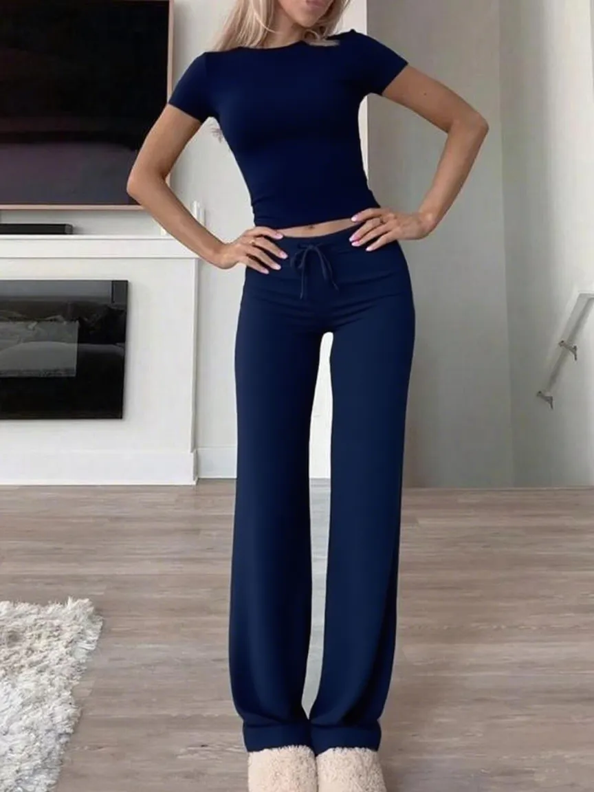 Women's Plain Shortsleeve Top & Drawstring Pants Set