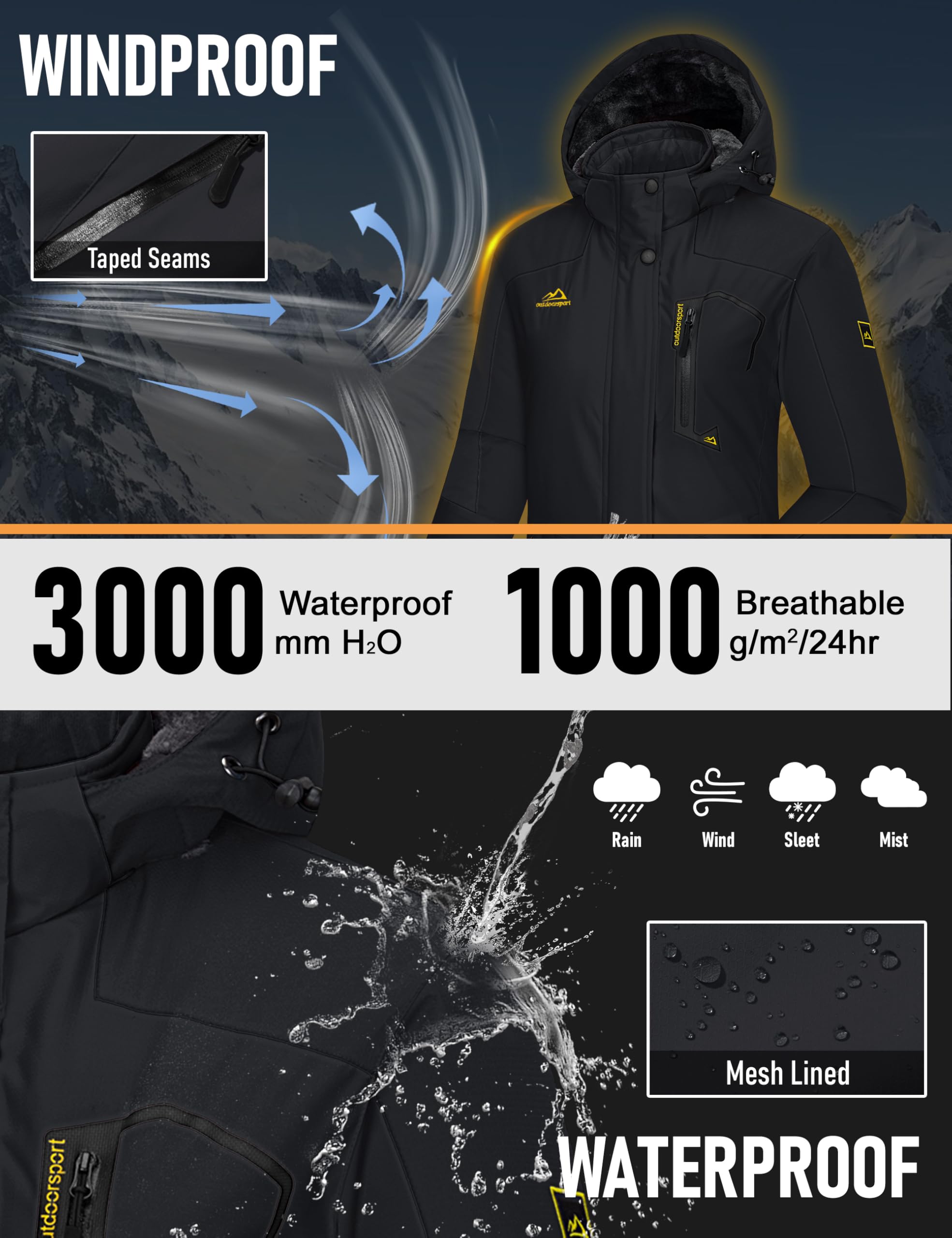 Ski Jacket Waterproof Insulated Snow Coat with Hood